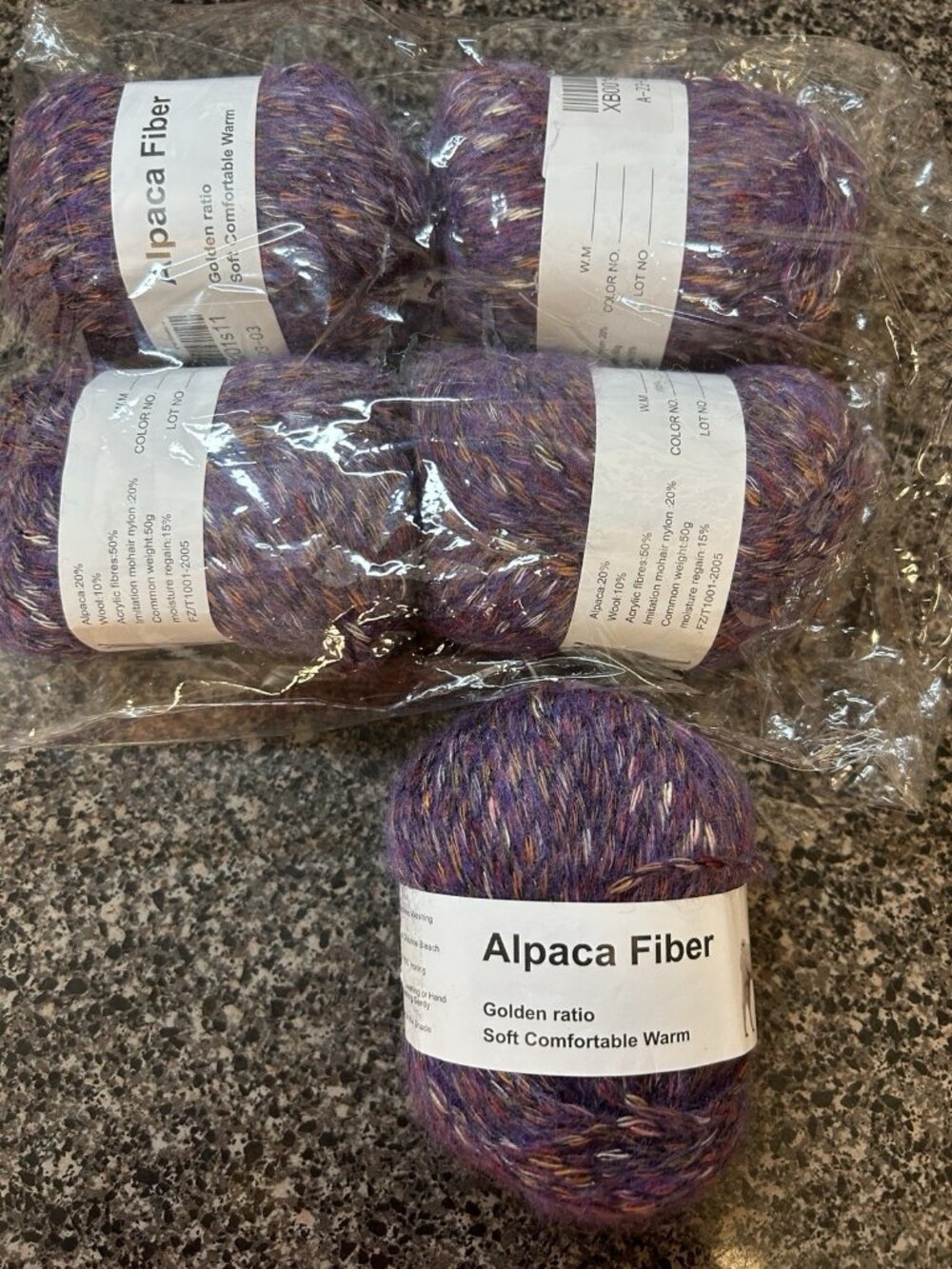 Golden Ratio Alpaca Fiber Blend Sock/Sport Weight 50g Purple Tweed 5 Piece Lot